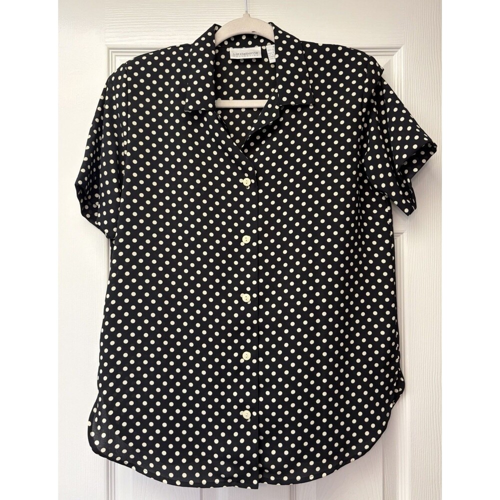 Liz Claiborne Polka Dot Shirt Womens 6 Black White Rayon Short Sleeve Button Up